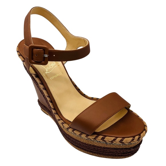 CHRISTIAN LOUBOUTIN LIGHT BROWN / BRONZE METALLIC BRAIDED ESPADRILLE WEDGE SANDA